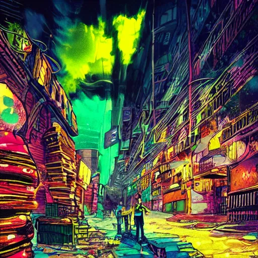 Image similar to A dirty street in the Bronx, by night, with giant neonpunk urchin everywhere, colorful composition, ultra detailed, dang yo