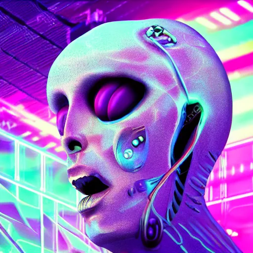 Image similar to a realistic detailed studio portrait photo of a beautiful alien ghost, synthwave cyberpunk psychedelic vaporwave