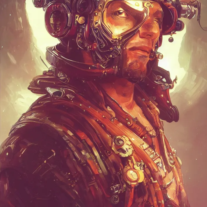 Prompt: a head and shoulders portrait of a space pirate, neon, retro, steampunk, smooth, sharp focus, intricate, artstation, detailed concept art by Rutkowski and Mucha and sky sewa and Marc Simonetti