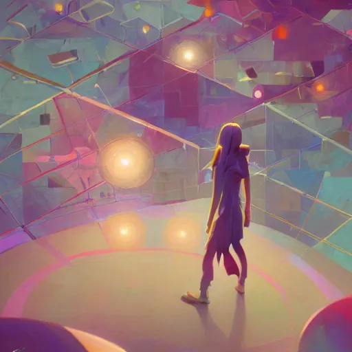 Image similar to highly detailed happy abstract geometric painting, stephen bliss, unreal engine, greg rutkowski, loish, rhads, beeple, makoto shinkai and lois van baarle, ilya kuvshinov, rossdraws, tom bagshaw, global illumination, detailed and intricate environment