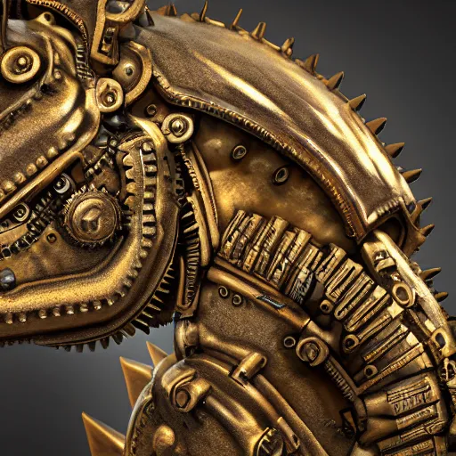 Image similar to A steampunk ornate styracosaur made of engraved full plate armor and gears, Macro shot by Justin Gerard, unreal engine, physically based rendering