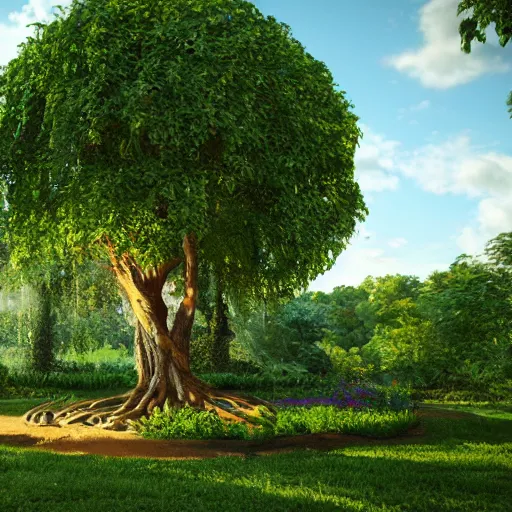 Prompt: a realistic photograph of the garden of eden with the tree of life in the center, hyperrealistic, cinema 4 d, cinematic, rendering unreal engine 5