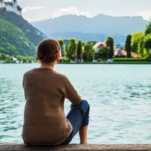 Image similar to woman sitting on a small wall at the lake of annecy, looking at the mountains in the distance. city photography, beautiful lighting