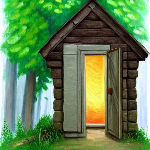 Image similar to a painting of a notepad that is also a door to a cottage in the woods, trending on artstation, detailed digital art, aesthetic!!!!,