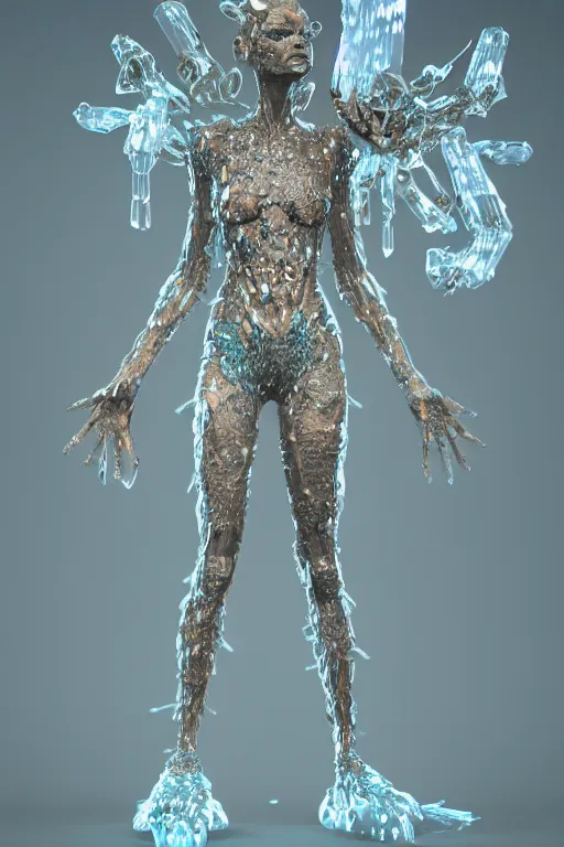Image similar to skin concept anthropomorph, biopunk, in full growth, magical crystals, smoky crystals, translucent crystals, luminous sparkling crystals, many details, 3 d, cinematic, hyper realism, high detail, octane render