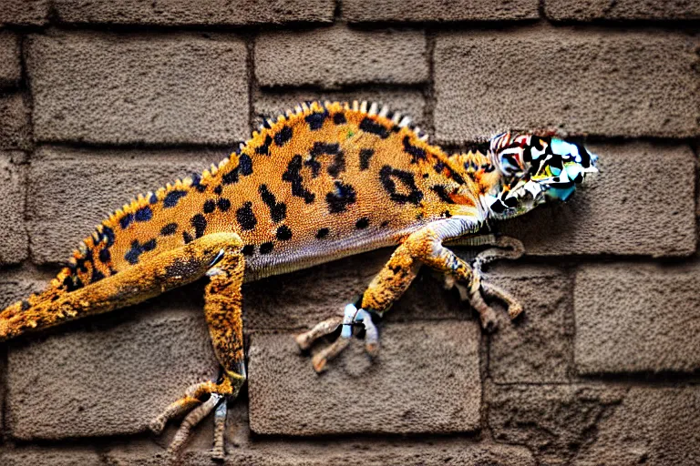 Image similar to a chameleon with leopard fur sitting on a brick wall, highly detailed, 8K, supersharp photo, depth of focus, full body, unusual photo angle