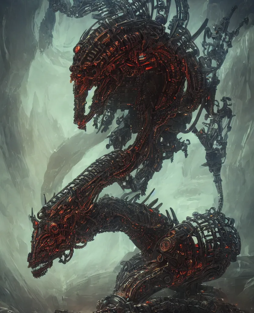 Image similar to a portrait of the machine dragon, epic angle and pose, symmetrical artwork, 3d with depth of field, blurred background, cybernetic face skull gear wheel, translucent, nautilus, energy flows of water and fire. a highly detailed epic cinematic concept art CG render. made in Maya, Blender and Photoshop, octane render, excellent composition, cinematic dystopian brutalist atmosphere, dynamic dramatic cinematic lighting, aesthetic, very inspirational, arthouse, by Greg Rutkowski, Ilya Kuvshinov, WLOP, Stanley Artgerm Lau, Ruan Jia and Fenghua Zhong