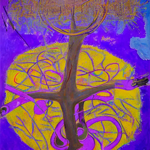 Image similar to a painting of a tree with a purple circle in the center, an ultrafine detailed painting by Asger Jorn, pixiv contest winner, gutai group, oil on canvas, metaphysical cosmic horror, neo-primitive brutal artwork, 8K