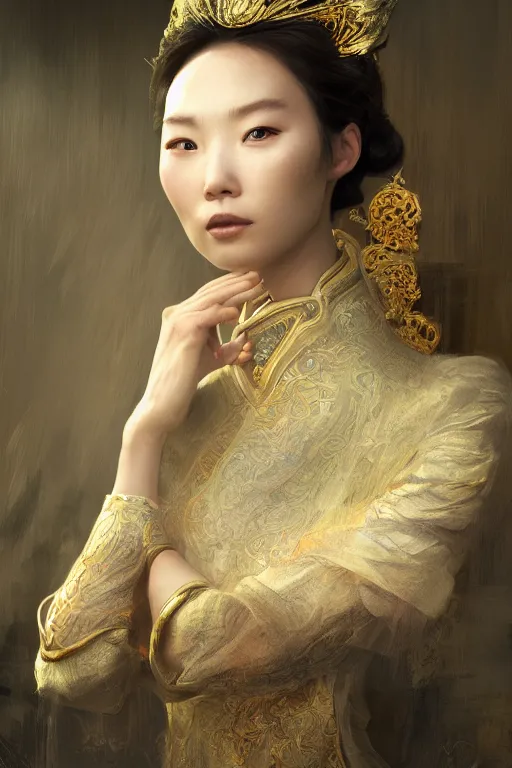 Image similar to chinese princess, gorgeous, portrait, intricate, elegant, volumetric lighting, scenery, digital painting, highly detailed, artstation, sharp focus, illustration, concept art, ruan jia, steve mccurry