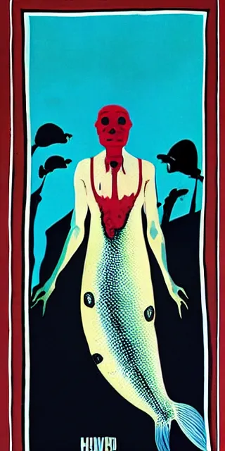 Image similar to Polish movie poster for a horror film about a woman with a fish for a head, 1983