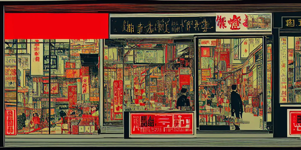 Prompt: a shop window in hong kong, by dan mumford and peter doig and edward hopper, minimal, black ink, thick lines, highly detailed, muted colours, overlaid with chinese adverts, 8 k