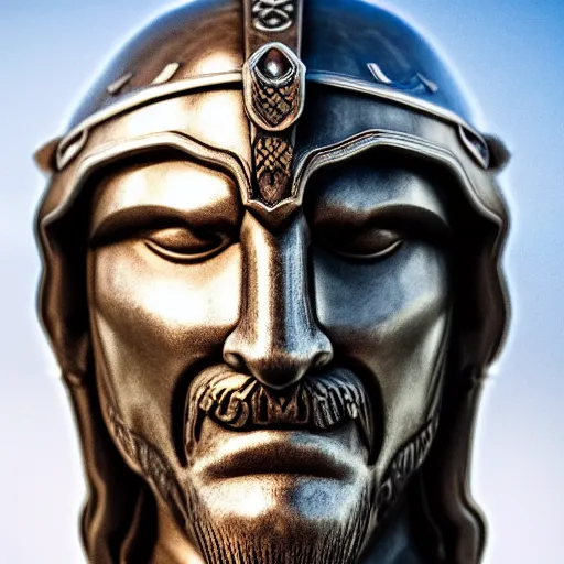 Image similar to a 9 th century viking, extremely pronounced masculine features, leather armor with nordic religious decorations, low dutch angle, face in focus, natural lighting, realism, nordic facial structure, muscular