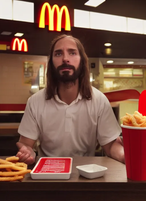 Image similar to still of jesus christ in mcdonalds, canon eos c 3 0 0, ƒ 1. 8, 3 5 mm, 8 k, medium - format print,