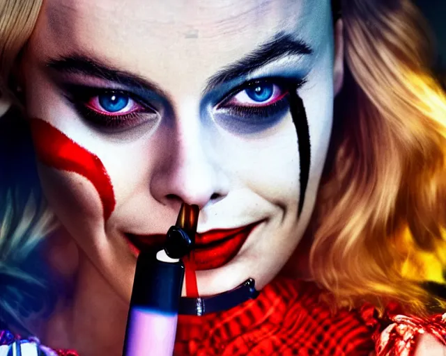 Image similar to Margot Robbie as a harley quinn smoking a cigarette, smoke cloud, cinematic, 4k digital art, highly detailed