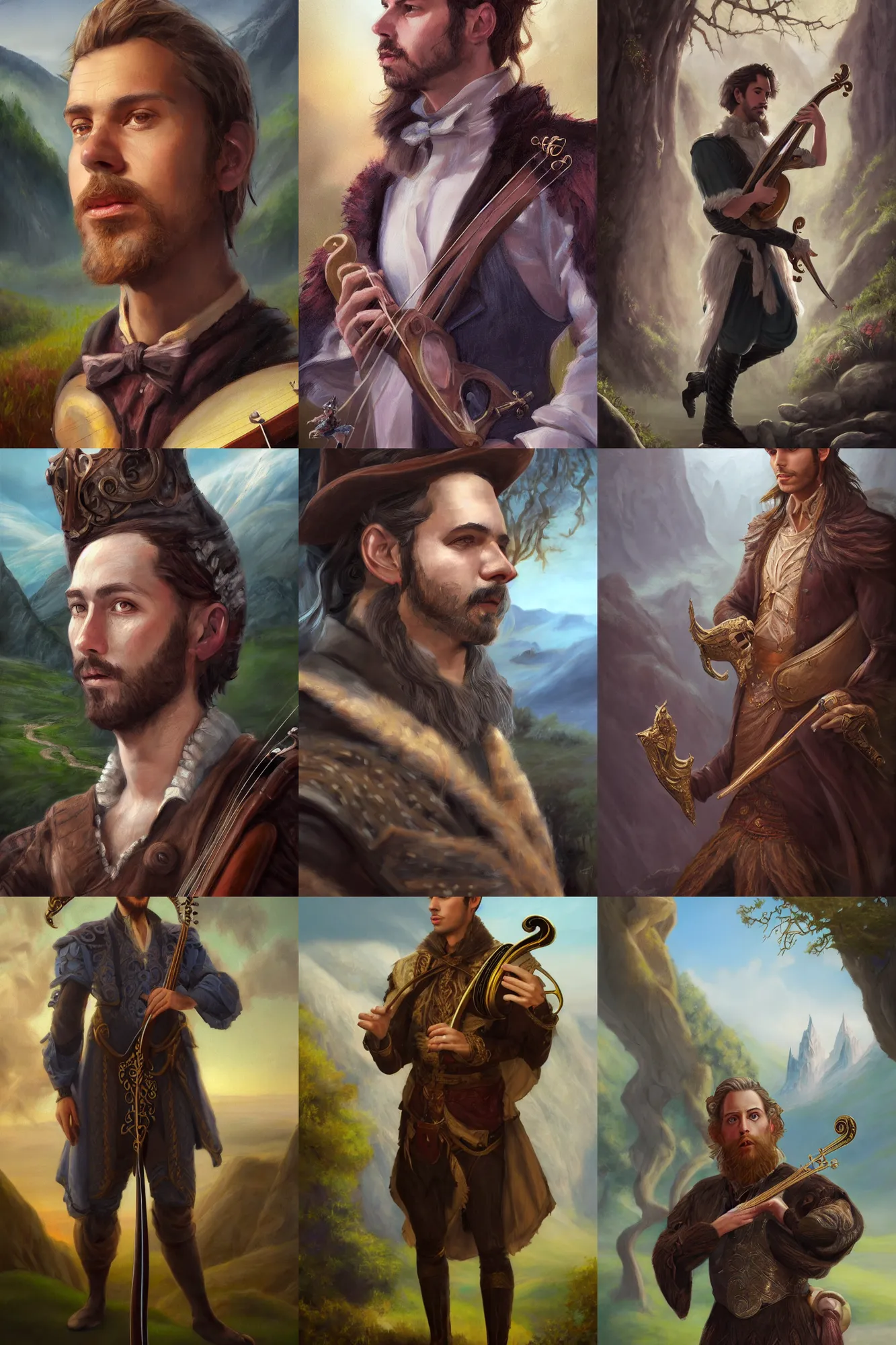 Prompt: a full body high detail fantasy portrait oil painting illustration of a single elegant male bard by justin sweet with face and body clearly visible, in a scenic background, visible pupils, realistic proportions, d & d, rpg, forgotten realms, artstation trending, high quality, sombre mood, artstation trending, muted colours, entire person visible!