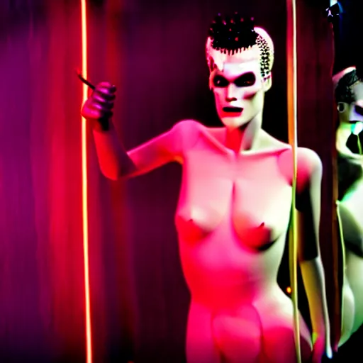 Image similar to cinematic portrait of model kristen mcmenamy as bride of frankenstein as a replicant in a busy nightclub, frightened and angry, still from the movie ex machina, fashion photography, a neon sign is in the background, 8 k, high detail, face in focus