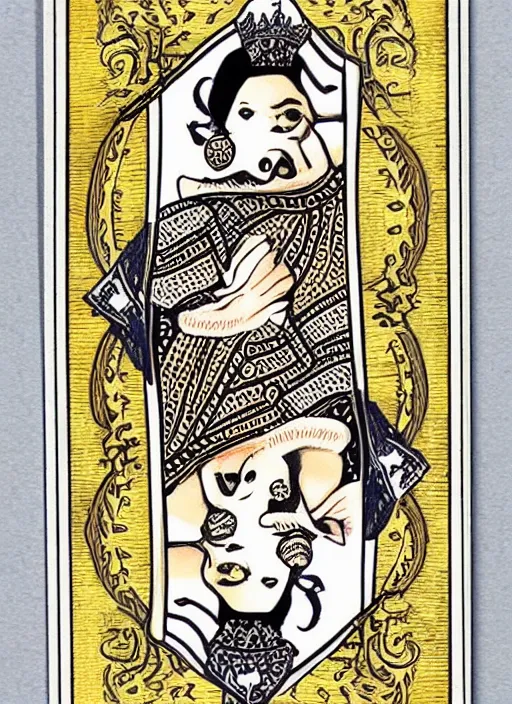 Image similar to playing card called the pregnant queen, 2D, in the style of bicycle cards,