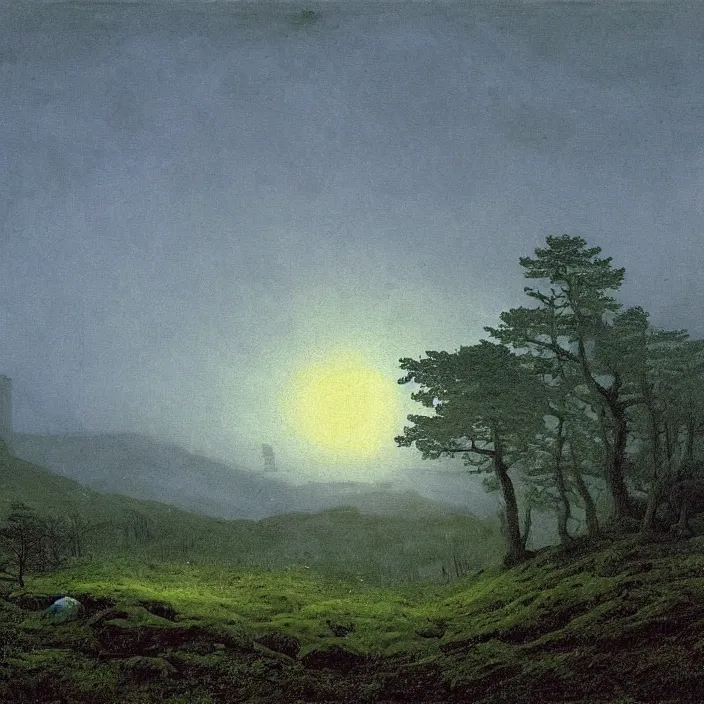 Image similar to painting of a cabin in the moorland by caspar david friedrich, at night, eerie, supernatural