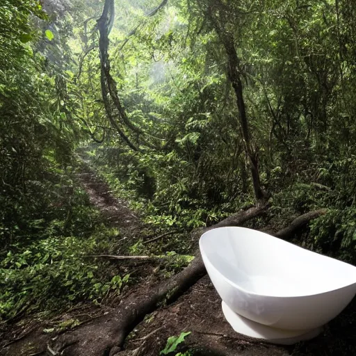 Image similar to pristine porcelain bath filled with bubbles in a clearfelled jungle, slash and burn, deforestation