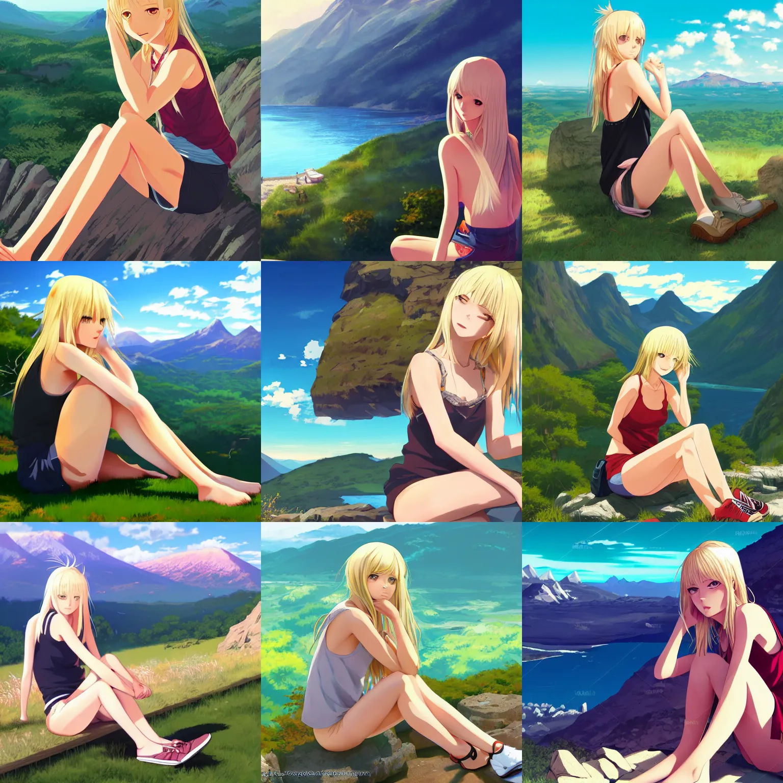 Prompt: sexy girl with long blonde hair wearing a shorts and a low cut tanktop, sitting down, scenic view, mountain landscape, artstyle : high definition anime and ilya kuvshinov