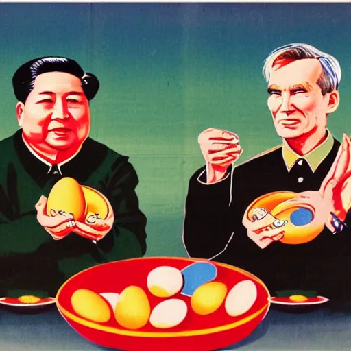 Image similar to chinese propaganda poster of mao zedong and bill nye eating eggs