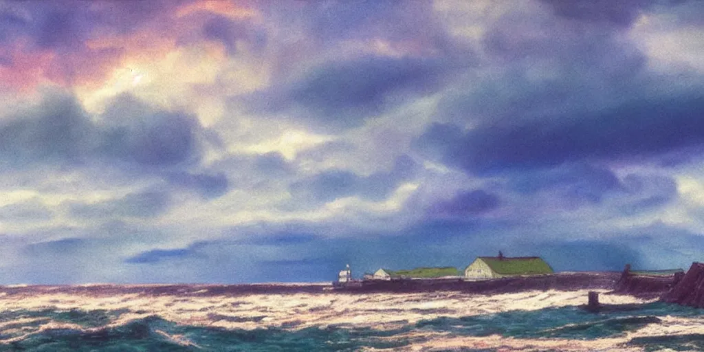 Prompt: a beautiful painting of a icelandic fishing village, storm clouds gathering over the sea, by studio ghibli 8 k pastel colours, smeared watercolours, golden light film grain