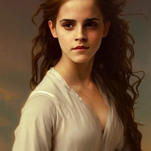 Prompt: Painting of Emma Watson as Hermione Granger. Art by william adolphe bouguereau. During golden hour. Extremely detailed. Beautiful. 4K. Award winning.