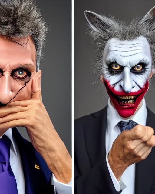 Image similar to Mauricio Macri in Elaborate Joker Makeup and prosthetics designed by Rick Baker, Hyperreal, Head Shots Photographed in the Style of Annie Leibovitz, Studio Lighting, Mauricio Macri with an angry cat in his hand