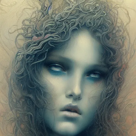 Prompt: a highly detailed beautiful portrait in the style of jean delville and in the style of peter mohrbacher. magic.