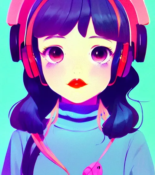 Image similar to beautiful little girl character inspired by 9 0's fashion and by madeline from celeste, art by rossdraws, wlop, ilya kuvshinov, artgem lau, sakimichan and makoto shinkai, concept art, headphones