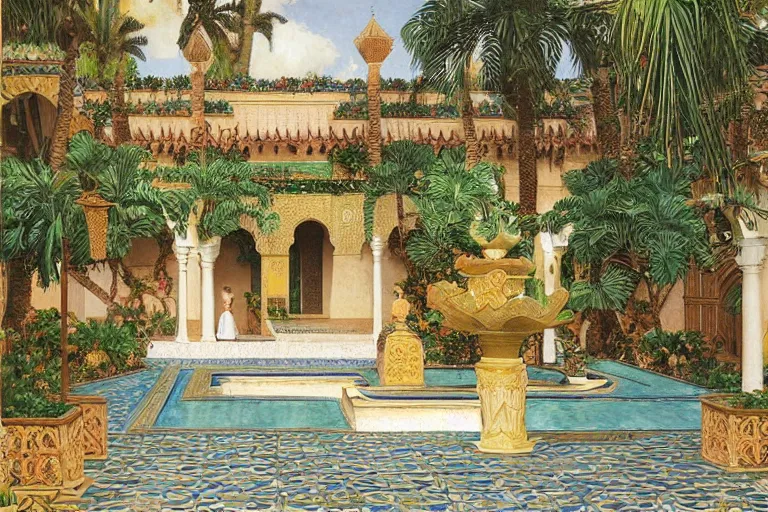 Prompt: painting of a beautiful moorish palace courtyard garden, by ludwig deutsch and maxfield parrish, patterned tilework, palm trees, tiled fountains, extremely detailed, cinematic lighting, smooth sharp focus
