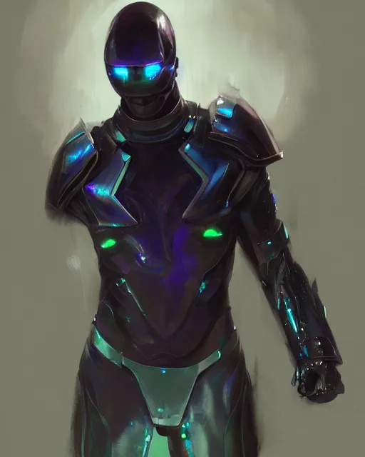 Image similar to toned character concept of iridescent sinewy smooth muscular male sleek glossy indigo black pearlescent scifi armor with continuous smooth black featureless helmet, by greg rutkowski, mark brookes, jim burns, tom bagshaw, magali villeneuve, trending on artstation
