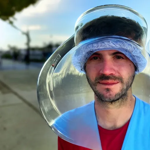 Image similar to photo of a man wearing a transparent bucket on his head