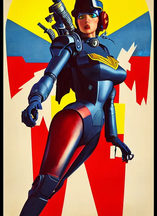 Image similar to american propaganda poster art. powerful cyberpunk pilot. portrait by jean giraud and anton otto fischer and john philip falter and will eisner and gil elvgren and pixar. full body. realistic proportions. science fiction d & d. overwatch, rb 6 s, cyberpunk 2 0 7 7, blade runner 2 0 4 9 concept art. cel shading. thick lines.