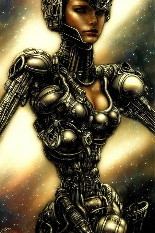 Prompt: a beautiful robot fighter pilot, fantasy, portrait, sharp focus, intricate, elegant, illustration, ambient lighting, art by Luis Royo