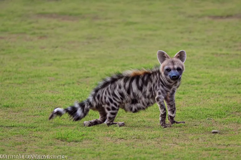 Image similar to striped hyena laying in between the green in savannah, sunset, zoomed out, birds - eye - view