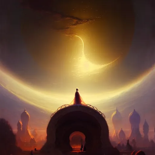 Image similar to giant shining crescent in a magic fluffy persian carpet dimension, by greg rutkowski and gaston bussiere, dim lighting, beautiful volumetric - lighting - style atmosphere, surreal atmosphere, intricate, detailed, photorealistic imagery, artstation