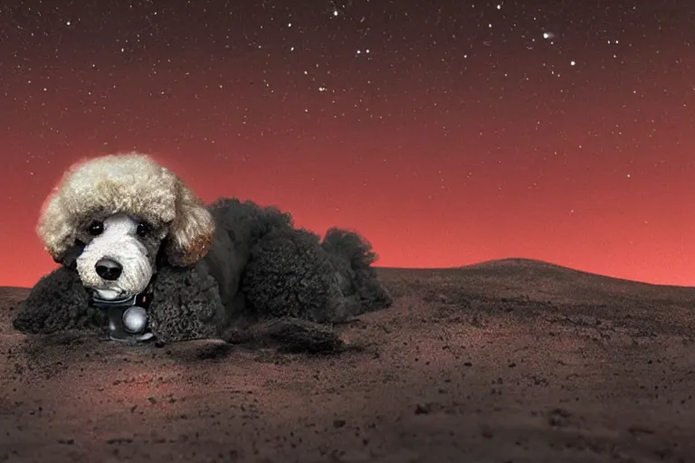 Image similar to a parti poodle with black and white fur laying down on mars. distant background, red lighting, digital art, acrylic, colorful, ominous, bleak, moonlight, bokeh, depth of field, synthwave, psychedelic, glitch, acrylic, flooko, detailed, cybernetic, sci-fi, glows,