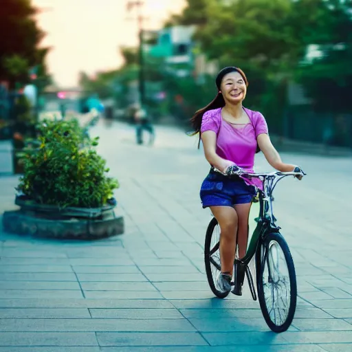 Prompt: an asian girl rides a bicycle on the street at dusk