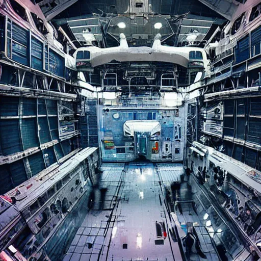 Image similar to “in the hangar of a space station looking up at an immense transport frigate space cruiser with graffiti on its side. Several robots are working on the docked spaceship.”