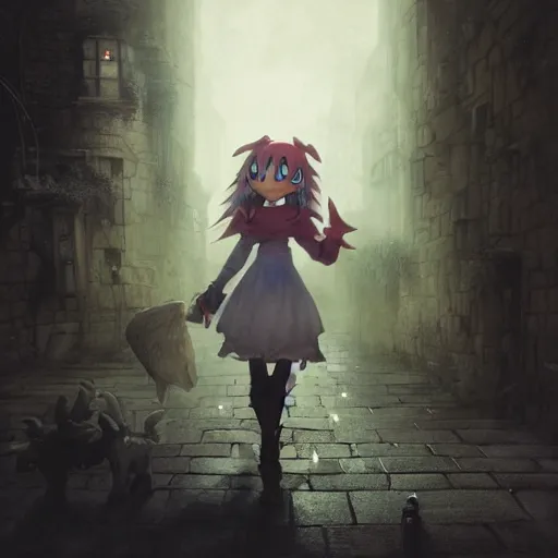 Image similar to Portrait of a Moogle Girl from Final Fantasy, huggy wuggy from poppy playtime video game sneaking through the streets of a medieval village at night, glowing lights, oil painting, Greg Rutkowski, Charlie Bowater, Beeple, unreal 5, DAZ, hyperrealistic, octane render, RPG portrait, dynamic lighting, fantasy art, beautiful face