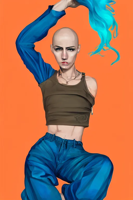 Image similar to a award winning half body portrait of a beautiful caucasian woman in a croptop and cargo pants with ombre orange blue teal hairstyle with head in motion and hair flying by martine johanna and will eisner, outrun, vaporware, digital art, trending on artstation, highly detailed, fine detail, intricate