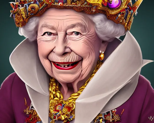 Image similar to hrh queen elizabeth making very funny and silly faces, photography of kurzgesagt, deep focus, d & d, fantasy, intricate, elegant, highly detailed, digital painting, artstation, concept art, matte, sharp focus, illustration, hearthstone, art by artgerm and greg rutkowski and alphonse mucha