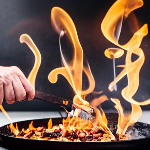 Image similar to a still frame from the Modernist cuisine cookbook featuring a cross-section of cooking over fire, black background.