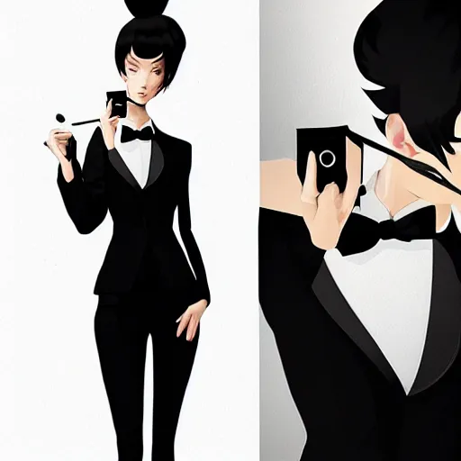 Image similar to slim girl in black tuxedo, corporate boss, luxury, 2d, ultra highly detailed, smooth, sharp focus, digital art, digital painting, fan art, elegant, artstation, by Ilya Kuvshinov