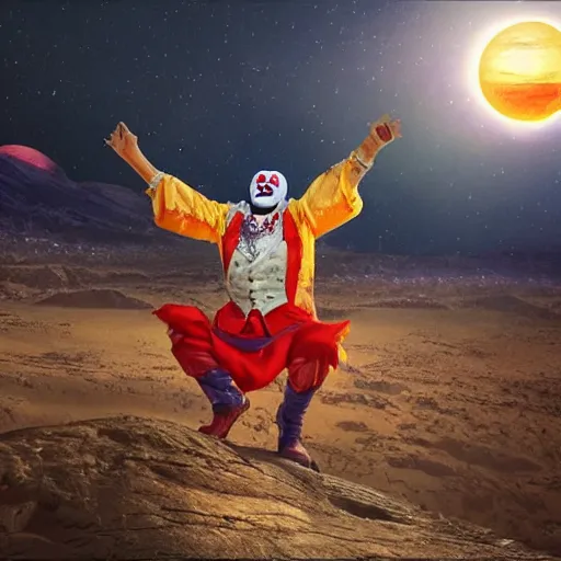 Image similar to the image of clownvis presley with outstretched arms between the moon and the sun and a thousand stars ultra realistic, concept art, intricate details, serious, highly detailed, photorealistic, octane render, 8 k, unreal engine, art by todd mcfarlane and artgerm and greg rutkowski and alphonse mucha