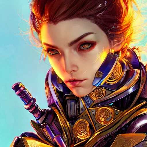 Image similar to studio portrait of lawful good colorful female holy mecha paladin absurdly beautiful, elegant, young sensual graceful woman, ultrafine hyperrealistic detailed face illustration by kim jung gi, irakli nadar, intricate linework, sharp focus, bright colors, matte, octopath traveler, final fantasy, unreal engine highly rendered, global illumination, radiant light, intricate environment