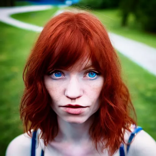 Image similar to close up portrait photograph of a thin young redhead woman with russian descent, with deep blue eyes. Wavy long maroon colored hair. she looks directly at the camera. Slightly open mouth, with a park visible in the background. 55mm nikon. Intricate. Very detailed 8k texture. Sharp. Cinematic post-processing. Award winning portrait photography. Sharp eyes.