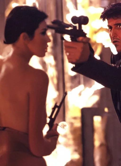 Image similar to film still of kim kardashian as Tony Montana firing a rifle in Scarface, cinematic lighting, finale scene