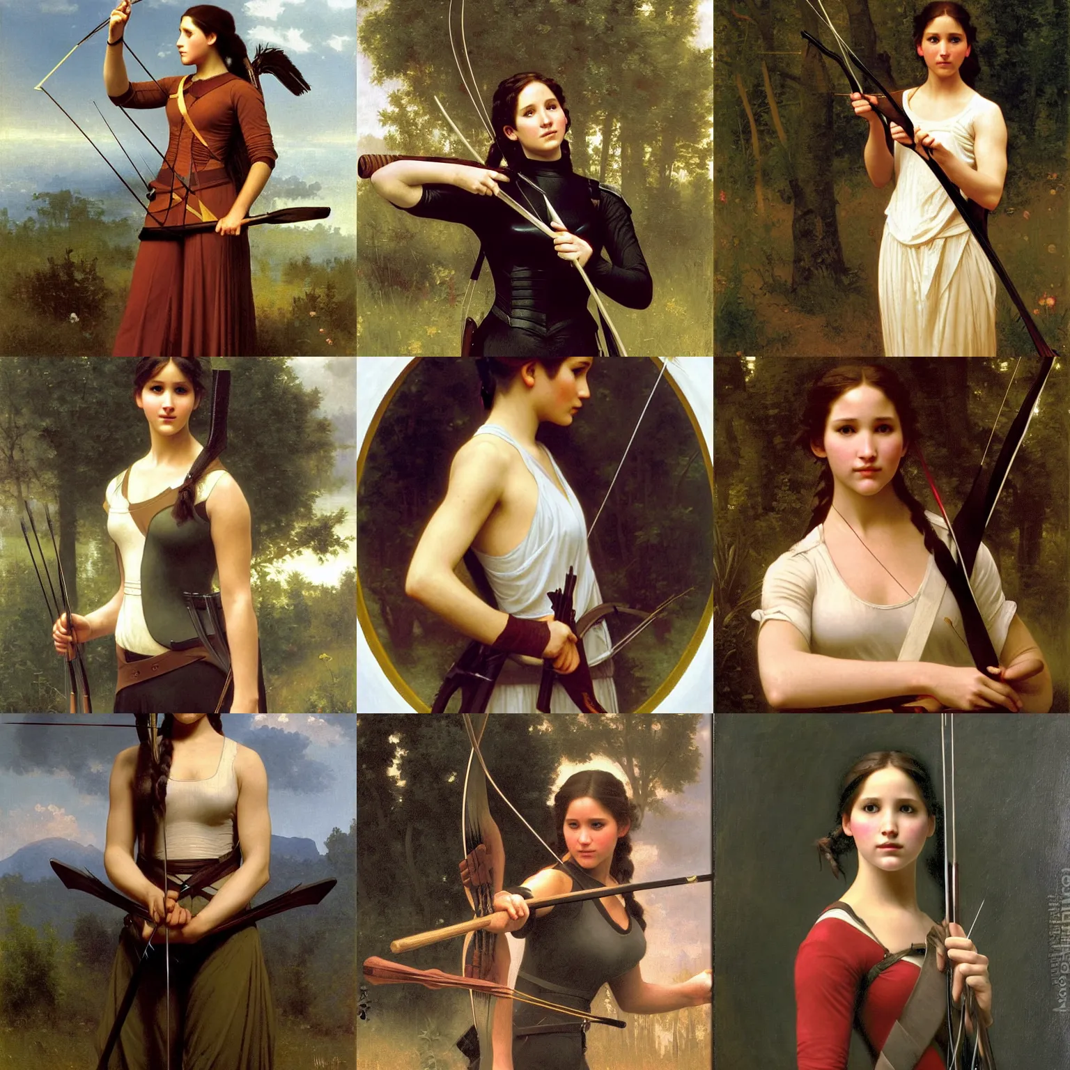 Prompt: Katniss Everdeen from the Hunger Games, with her bow and arrow, oil painting by William-Adolphe Bouguereau